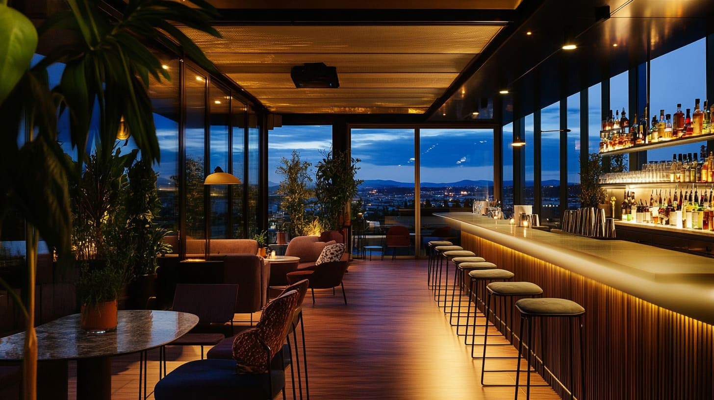 Moderne Geburtstagslocation mit Bar und Abendstimmung
