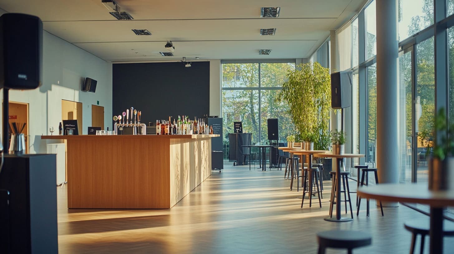 Eventlocation-Besichtigung mit Blick auf Bar, Technik und Raumaufteilung