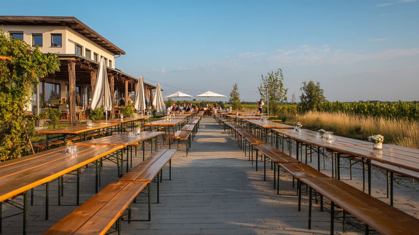 Eventlocation im Burgenland mit Weingut-Atmosphäre und Abendstimmung