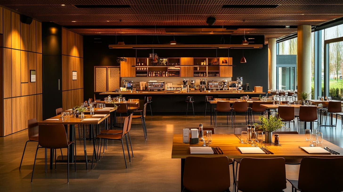 Moderne Eventlocation mit Dinner-, Bar- und Präsentationsbereich