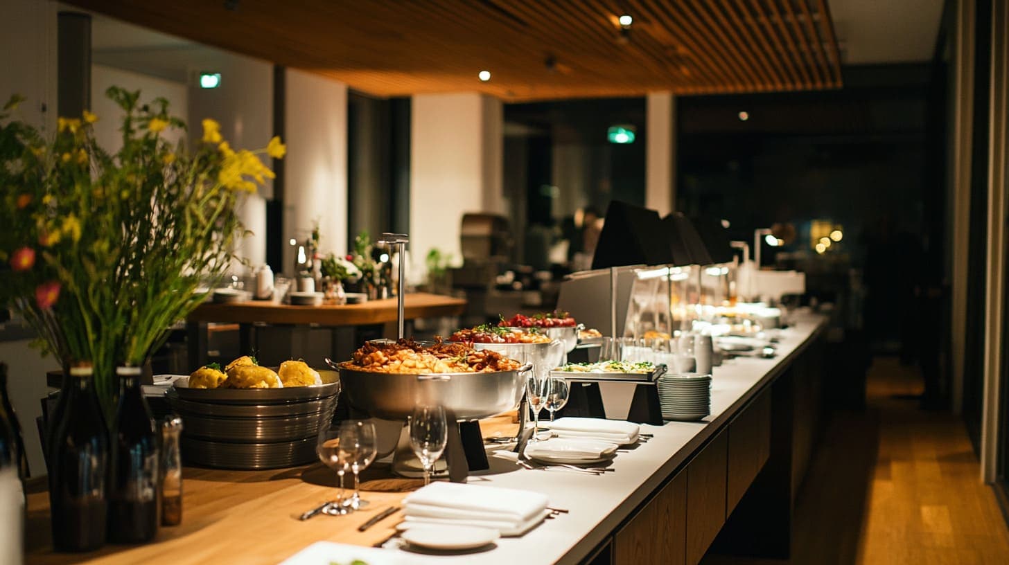 Eventlocation mit aufgebautem Catering und Dinner-Aufbau