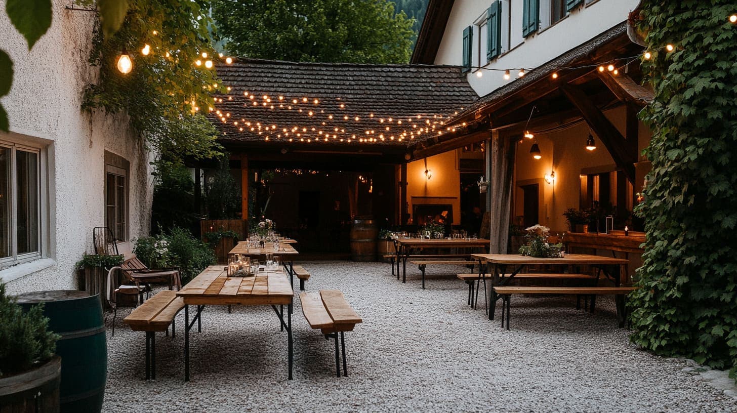 Innenhof einer Eventlocation in Salzburg mit Abendstimmung