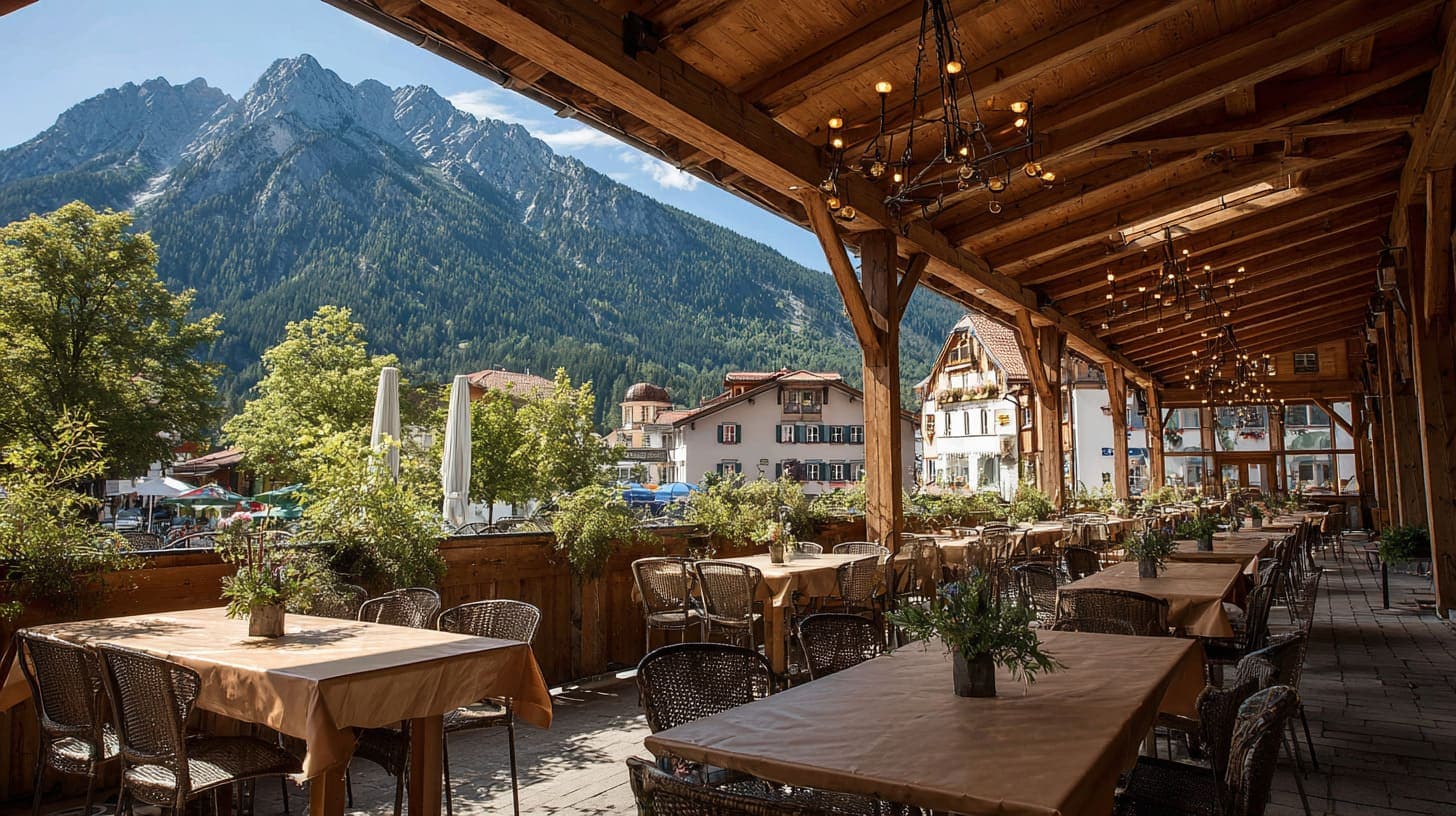 Überdachte Terrasse einer Eventlocation in Tirol mit Bergkulisse