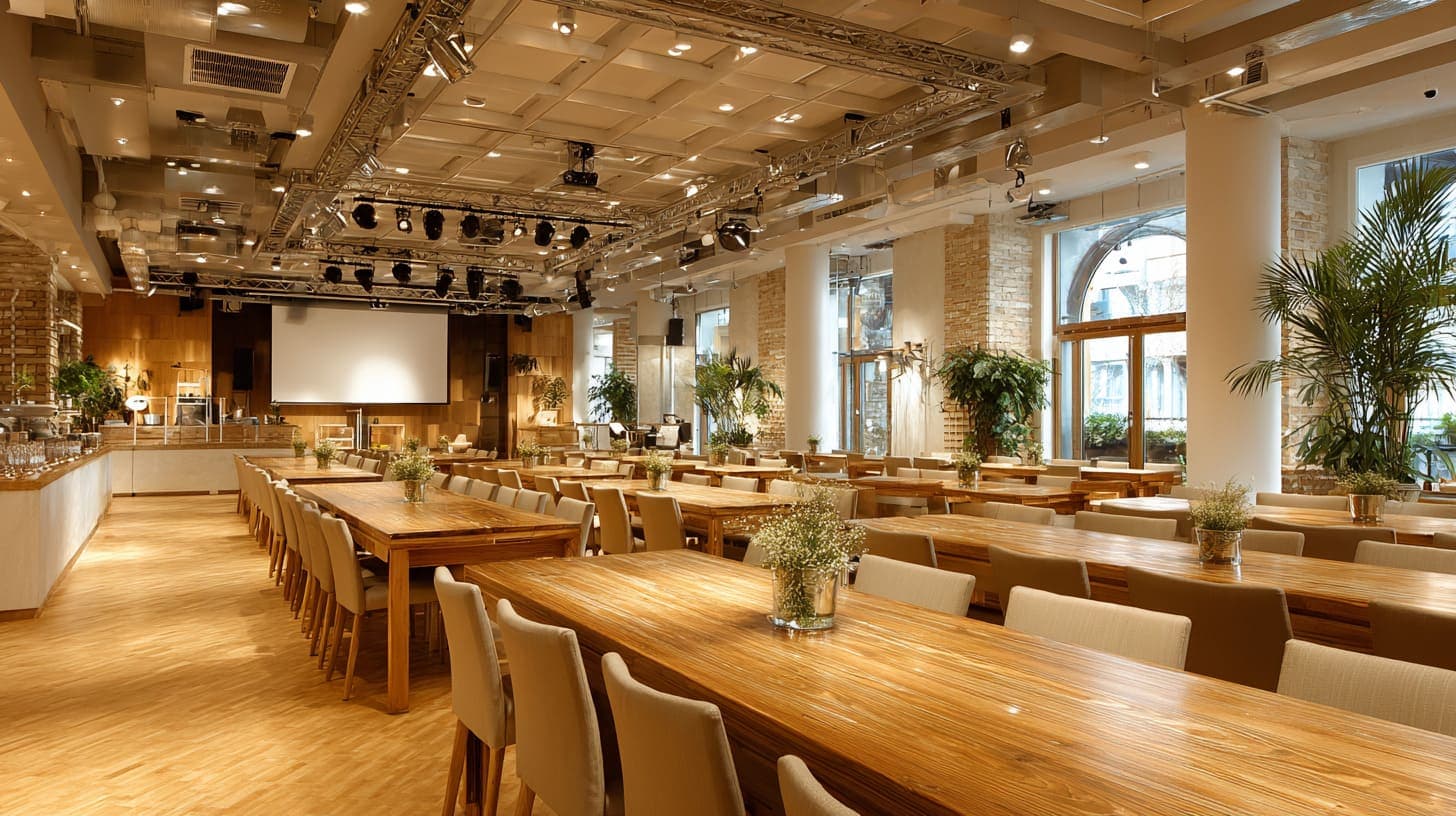 Saal in Wien mit Bestuhlung, Bühne und klarer Raumstruktur