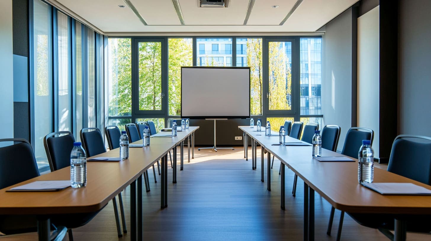 Moderner Veranstaltungsraum in Wien mit U-Form und Präsentationstechnik